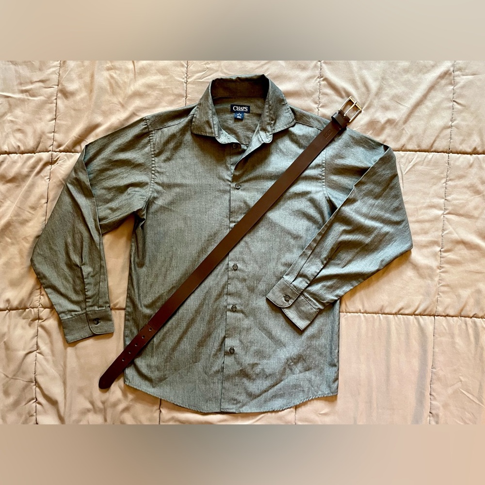 Chaps Gray Boy's Dress Shirt, sz L 14-16 with Brown Levi Belt, sz M 26-28